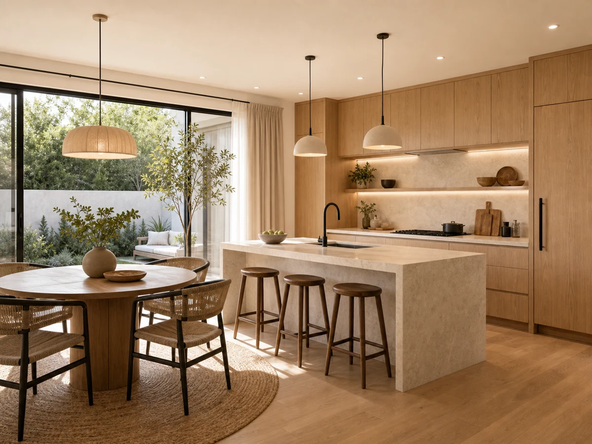 Japandi kitchen and dining AI interior design render draft