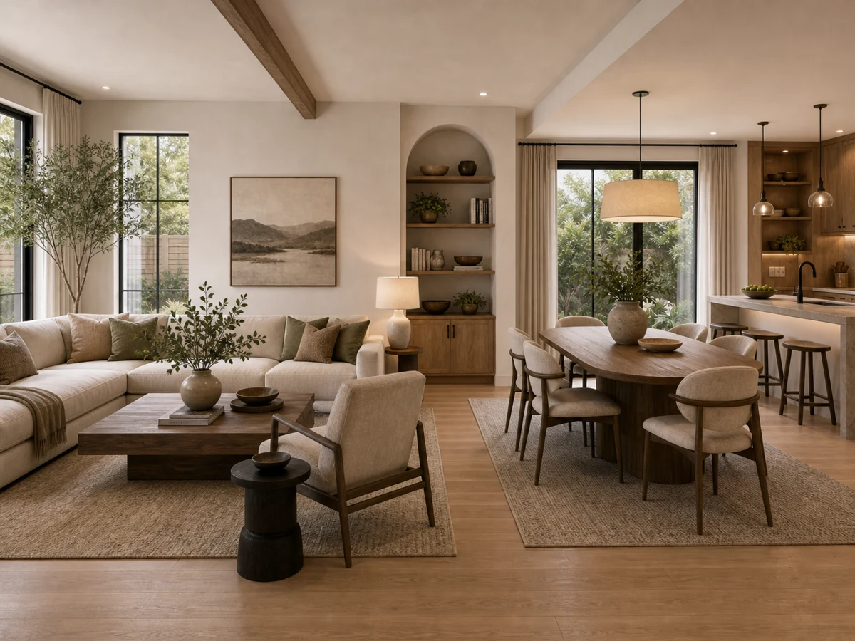 Open-plan living and dining AI interior design render draft
