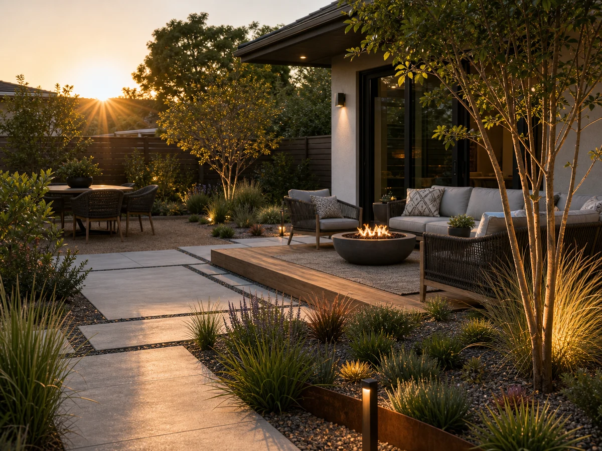 Backyard patio and planting AI landscape design concept